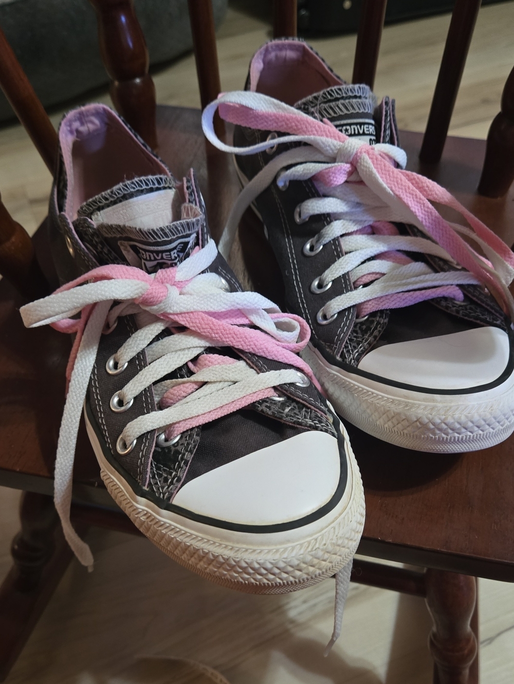 Converse Low Top Canvas Leopard Print Sneakers - Dark Grey W/ Pink & White Laces